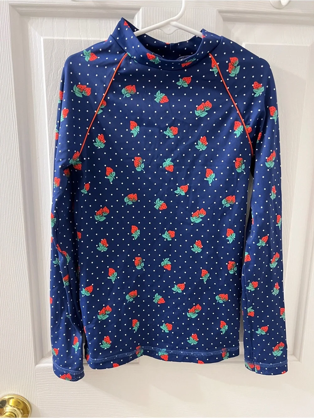 Mini Boden Girls strawberry polka dot rash guard high neck swim top Sz 9-10